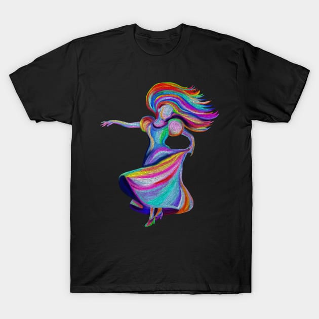 Flamenco Dress Twirling Rainbow Woman T-Shirt by Art by Deborah Camp